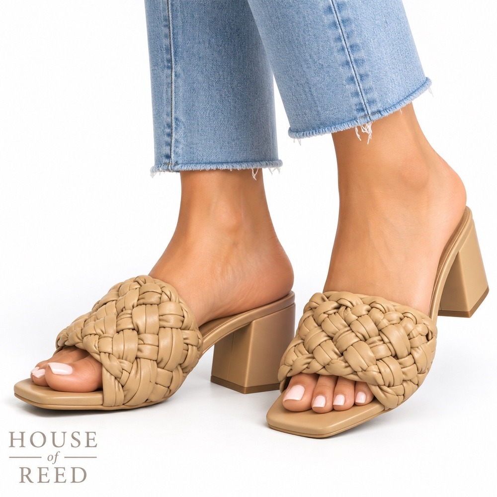 Marc Fisher LTD Alnahea Tan Woven Braided Leather Block Heel Mules 7.5M